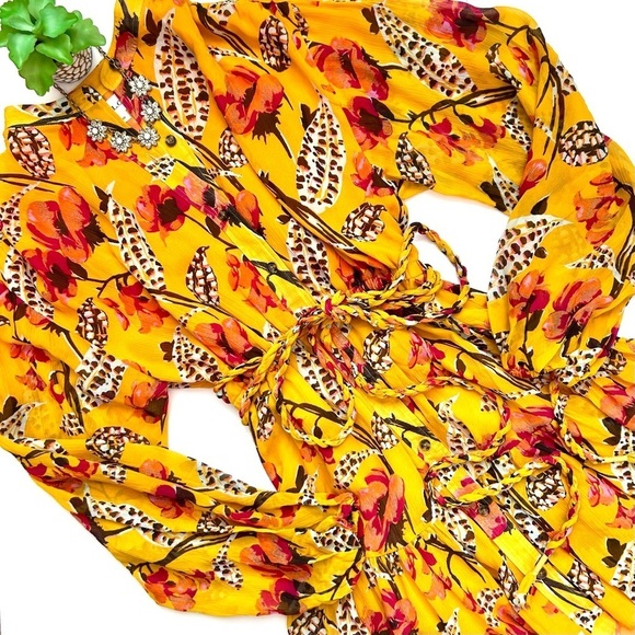 A.L.C. Yellow Floral Silk Jen Mini Dress Long Sleeve Belted Shirtdress Size XS S - Picture 2 of 16
